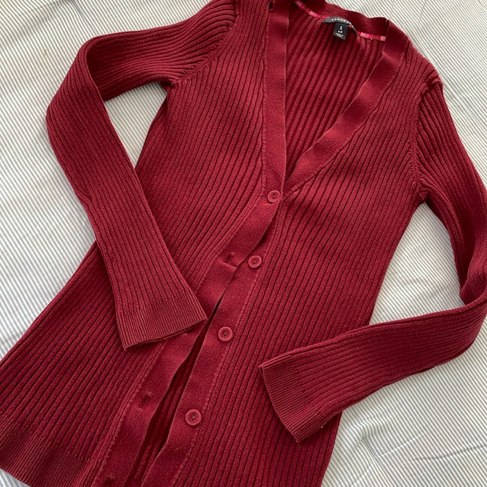 Lands’ End rib knit cardigan in dark brick red size S 6-8